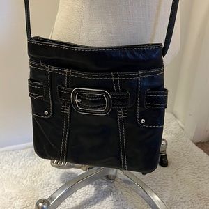 Clarks Brand Leather cross body bag. Black with tan stitching. Very detailed.